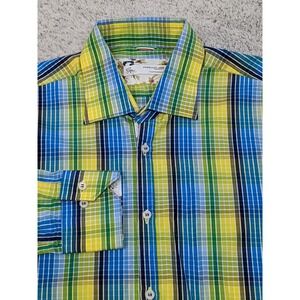 Poggianti 1958 Button Shirt Plaid Check Medium Yellow Blue Green Made in Italy